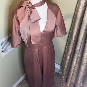 River Island bell sleeve wide leg neck tie rose gold jumpsuit